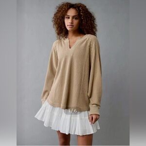 American Eagle Big Hug Oversized Notch Neck Waffle Knit Sweatshirt